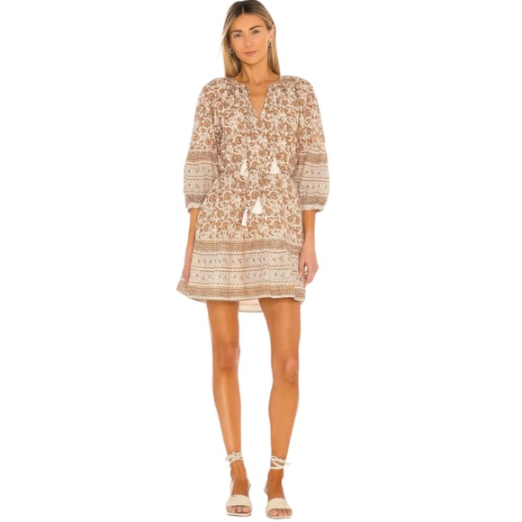 Cleobella Dresses & Skirts - Cleobella Rosy Mini Tan Tamil Block Print Boho Dress Tassel Tie Women’s Size M
